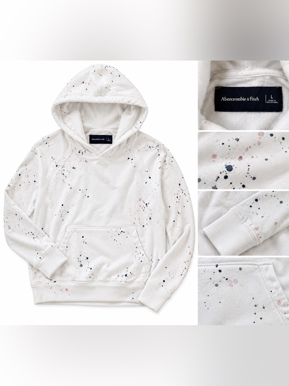 Abercrombie & Fitch White Hoodie with Colored Paint Splatter